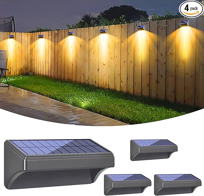 Bridika Solar Fence Lights, Fence Lights Fence Solar Lights Outdoor Waterproof Warm White & Color Glow LED Solar Lights for Backyard, Patio, Deck Railing, Stair Handrail and Wall (4 Packs, Plus Size)