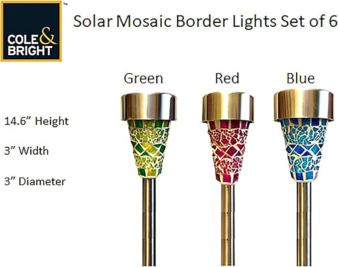 Cole & Bright Solar Mosaic Garden Lights – 6-Pack Outdoor Stake Lights with 360° LED Glow, Stainless Steel, Multi-Color Glass Design