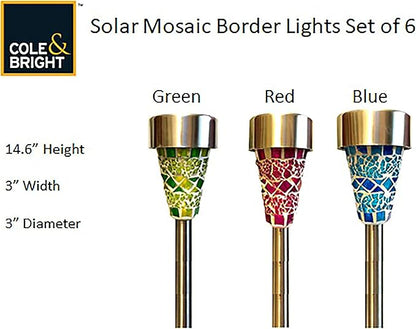 Cole & Bright Solar Mosaic Garden Lights – 6-Pack Outdoor Stake Lights with 360° LED Glow, Stainless Steel, Multi-Color Glass Design