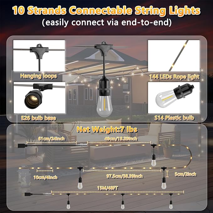 Outdoor String Lights with Lighted Tubing, 24 ft Outside String Lights with 13 (12+1spare) S14 Retro Bulbs & 72-LED Lighted Fairy Tubing, IP65 Waterproof &Connectable LED Light for Patio Bistro