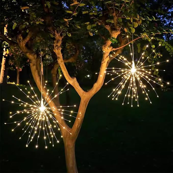 5 Pack Solar Firework Lights, 450 LED 8 Modes Dimmable Waterproof Hanging DIY Starburst Fairy Lights with Timer for Party Garden Indoor Outdoor Decoration (Warm White, 450)