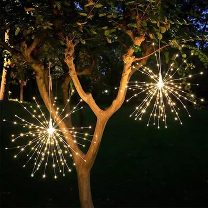 5 Pack Solar Firework Lights, 450 LED 8 Modes Dimmable Waterproof Hanging DIY Starburst Fairy Lights with Timer for Party Garden Indoor Outdoor Decoration (Warm White, 450)