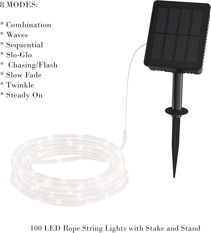 Outdoor Solar Rope Lights - Solar Powered Cable String 100 LED Lights with 8 Modes for Patio, Backyard, Garden, and Events by Pure Garden (Warm White)