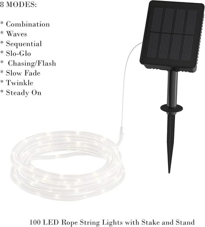 Outdoor Solar Rope Lights - Solar Powered Cable String 100 LED Lights with 8 Modes for Patio, Backyard, Garden, and Events by Pure Garden (Warm White)