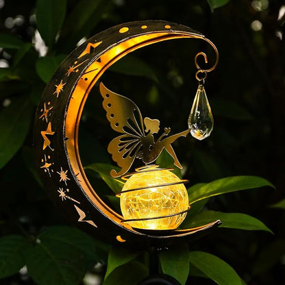 LOVERUIS Solar Garden Lights Outdoor Fairy Moon Lamp Waterproof Moon Garden Solar Light with Crackle Glass Ball LED Stake Lights Angel Decorative for Grave Balcony Lawn Patio Pathway (ARS-XIANNV)