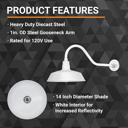 14in. White Outdoor Gooseneck Barn Light Fixture With 22in. Long Extension Arm - Wall Sconce Farmhouse, Vintage, Antique Style - UL Listed - 9W 900lm A19 LED Bulb (5000K Cool White)