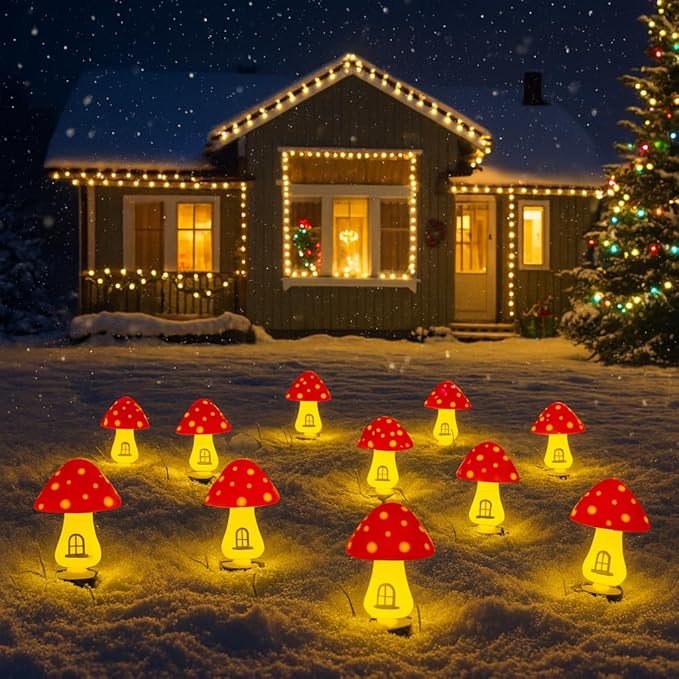 Yard/Garden Decorations, 4-Pack Yimmloome Ourdoor Warm-House Mushroom Solor LED Light for Garden Pathways, Patios, Flower Beds, or Balconies