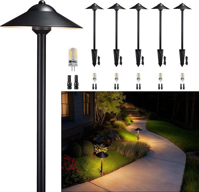 Gardenreet Brass Low Voltage Pathway Lights (9" Shade, 23.5" Tall) - Black 12V Path Light Waterproof, Wired Outdoor | Lumora
