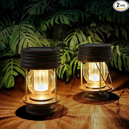 Hanging Solar Lights Outdoor - Solar Powered Waterproof Landscape Christmas Lanterns with Retro Design for Patio, Yard, Garden and Pathway Decoration (Warm Light) (2, 5.5'')