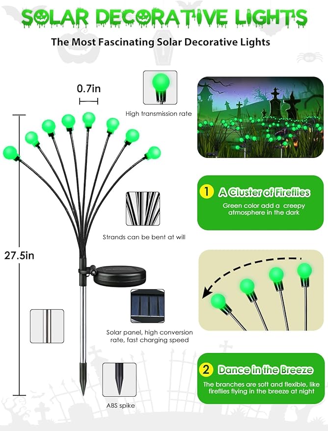 Albelt Halloween Decorations Outdoor, 6 Pack Solar Firefly Lights Outdoor, 48 LED Solar Halloween Lights, Waterproof Swaying Garden Light (Sway by Wind) for Outside Yard Patio Pathway Decor (Green)