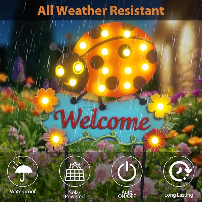 Garden Stakes Decorative 43.3inch with Large Metal Welcome Sign, Solar Pathway Lights Outdoor Waterproof with 18 | Lumora