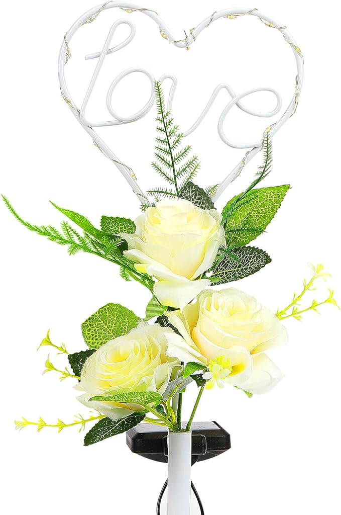 16 Inch Solar Heart Garden Stake Lights with 3 Artificial Flowers Metal Garden Art for Patio Lawn Garden Decor | Lumora