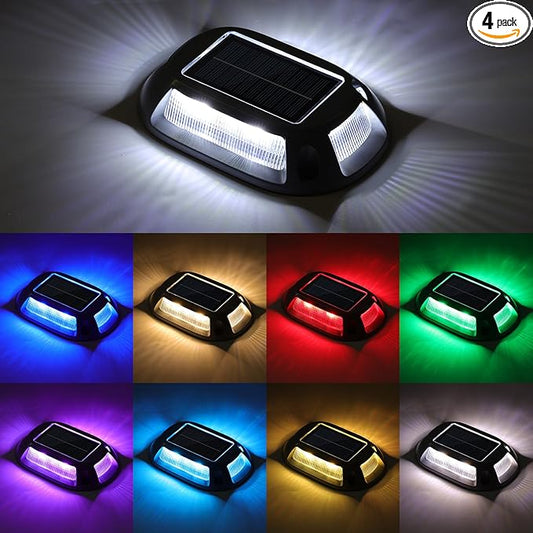 VOLISUN Solar Driveway Lights Dock Deck Lights 4 Pack,9 Colors in 1 Led IP67 Waterproof Outdoor Warning Step Lights for Driveway Sidewalk Pathway RGB
