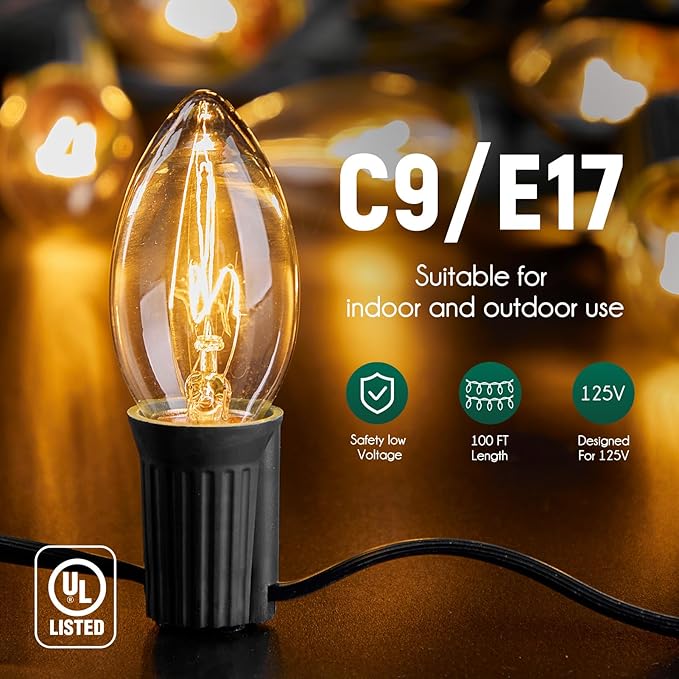 C9 Light Strand, 2 Pack 100 FT Outdoor String Lights Christmas Stringer with 100 Sockets for Christmas Decor Patio | Lumora