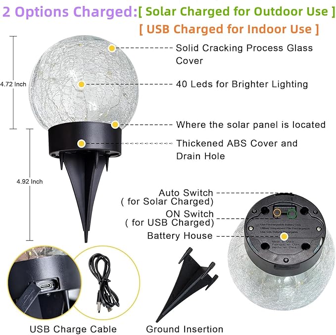 Beautyard Solar Globe Lights Outdoor Large Garden Decor USB Charged 4.72" Diameter 40LED 1000mAh Solar Lights Cracked Glass Globe Solar Power Yard Patio Garden (4.72'' Large 2 Pack Warm White)