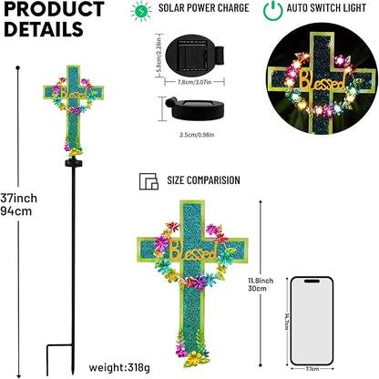 Solar Cross Stake for Cemetery Grave, Memorial Grave Decoration with Flowers and LED Light, Outdoor Solar Cross for Lawn Garden Pathway Decor (Blue)