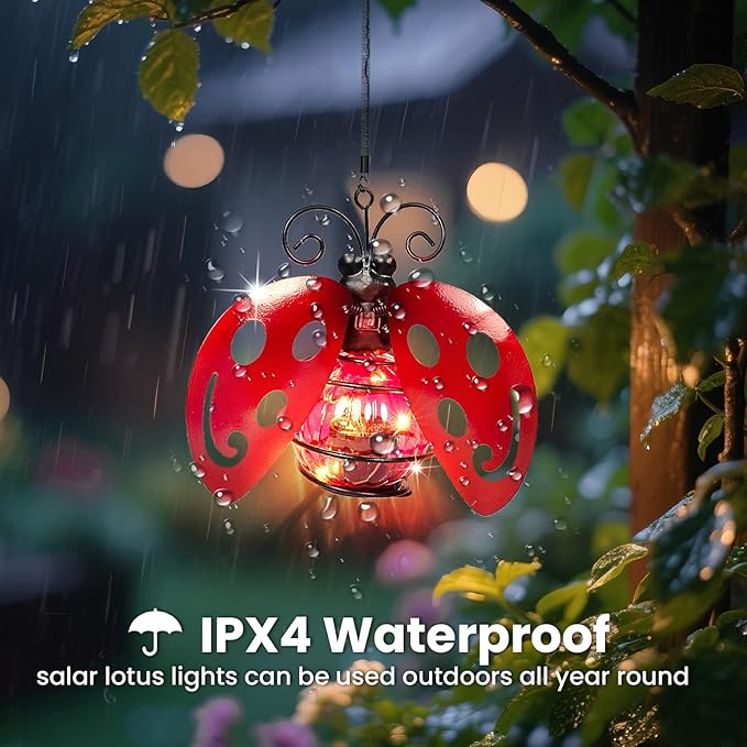 Solar Hanging Ladybug Lights LED Waterproof Powered Outdoor Garden Decor Light Unique Decorations for Sister Birthday Gardening Gifts for Mom Women Yard Path Front Porch Balcony Backyard