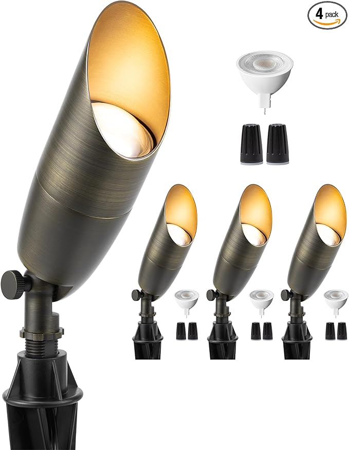 Gardenreet All Brass Landscape Lighting - LED Low Voltage Spotlights Outdoor, 12V Wired Uplights, Spot Lights Waterproof, Bronze for Outside Trees with 5W 5000K Daylight MR16 Bulb (4 Pack)