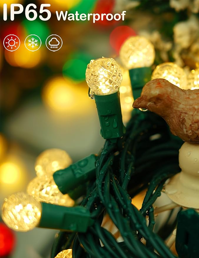 BOHON Warm White Christmas Lights 17FT 50 LED Faceted G15 Globe String Lights Outdoor Plug in Commercial Lighting Grade Tree Decorations for Indoor Xmas Decor, Green Wire, Waterproof