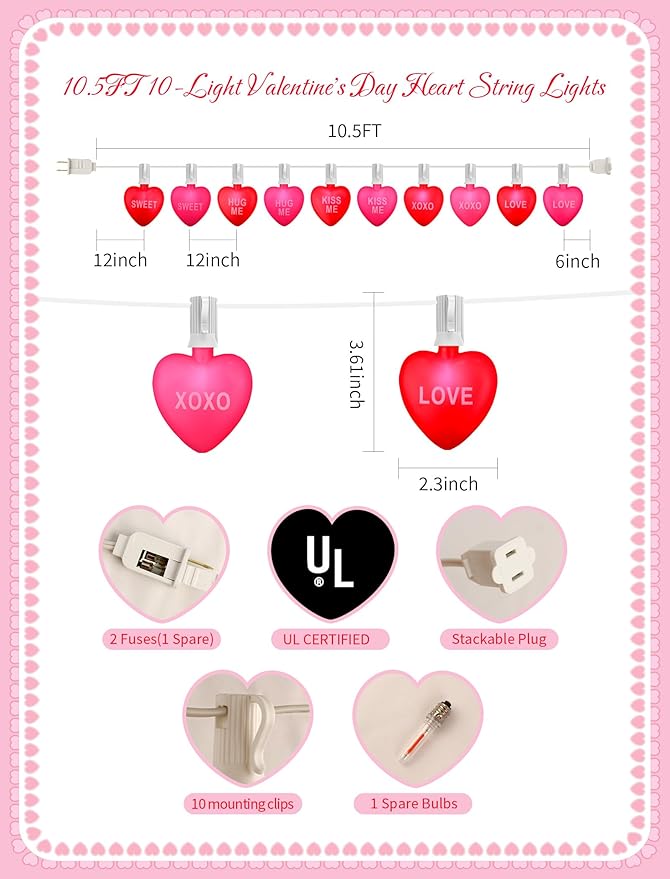10.5ft Heart String Lights with 10 LED Red & Pink Hearts, Messages: KISS ME/Love. Connectable, Waterproof | Lumora
