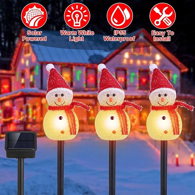 Set of 3 Snowman Solar Christmas Decorations, Solar Garden Stake Lights, IP55 Waterproof Solar Walkway Lights for Your Garden, Landscape, Path, Yard, Patio, Driveway, Pathway (Warm White)