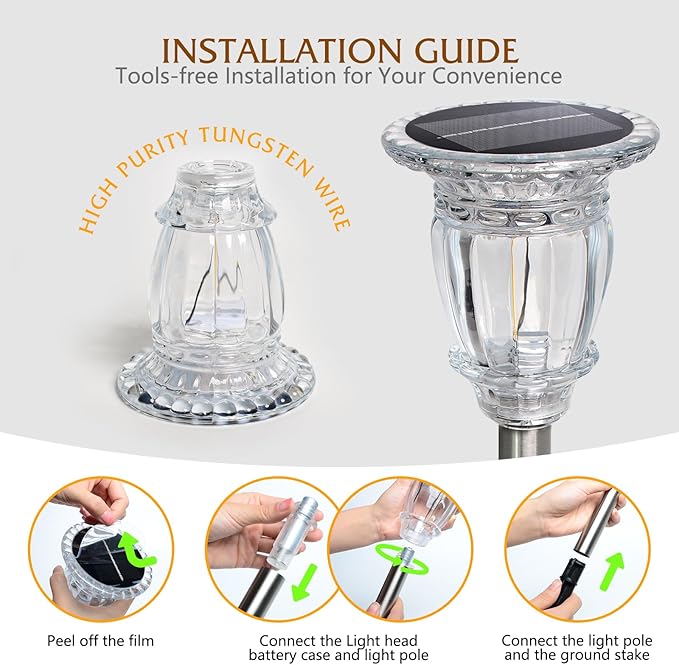 Solar Pathway Lights Outdoor 2 Pack, Warm White Glass and Stainless Steel Tungsten Heavy Duty Garden lights, 17.3" | Lumora