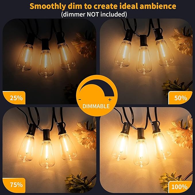 cjc Outdoor Solar String Lights Waterproof 25FT with 25 Shatterproof ST38 LED Bulbs, 2700K Solar Lights Outdoor | Lumora