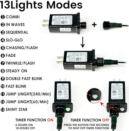 Connectable 100LED 42Ft 13Modes Christmas String Lights Outdoor Indoor | Extendable Green Wire Warm White Christmas Tree Lights with Timer | Twinkle Fairy Light Plug in for Xmas Tree (Warm White)