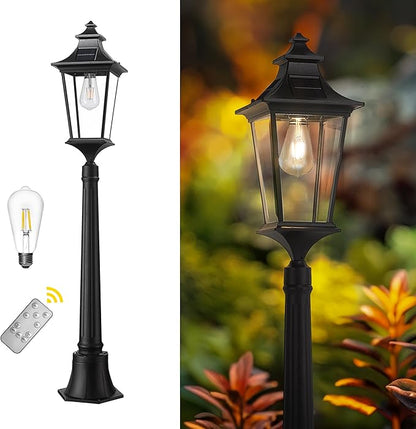 Emliviar Outdoor Solar Lamp Post Light, Dusk to Dawn Pole Lights with Clear Glass, Waterproof Solar Garden Light with Remote Control, LED Bulb Included, 500181PL-SL BK