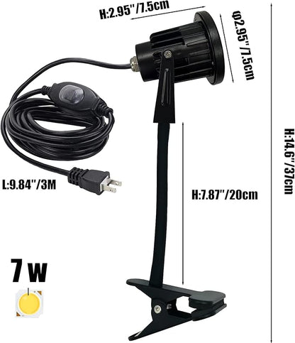 Kiven ‎Aluminum Clip On Light 7W LED Indoor/Outdoor Spotlight with Waterproof Switch Plug in Cord(9.8FT) Accent Lighting for Plants Advertising Board - 3000K Warm Light