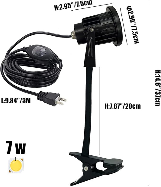 Kiven ‎Aluminum Clip On Light 7W LED Indoor/Outdoor Spotlight with Waterproof Switch Plug in Cord(9.8FT) Accent Lighting for Plants Advertising Board - 3000K Warm Light