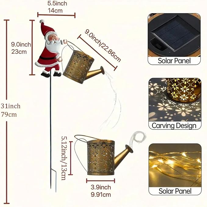 Christmas Santa Solar Kettle Lights Garden Lawn Vintage Metal Santa Claus Solar Watering Can with LED Light, Waterproof Outdoor Lantern Decoration for Patio, Pathway, Yard