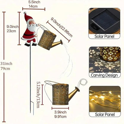 Christmas Santa Solar Kettle Lights Garden Lawn Vintage Metal Santa Claus Solar Watering Can with LED Light, Waterproof Outdoor Lantern Decoration for Patio, Pathway, Yard