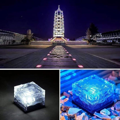 2 Pack Solar Path Ice Cube Lights Outdoor, Waterproof Garden Glass Path Light Solar Ice Light Crystal Brick Landscape Light (Blue)