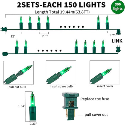 Ultra-Bright Connect End to End Green Christmas Mini Light 300L 63.8Ft(2Sets-Each 150L)UL Listed Incandescent Bulb String Light for Indoor Outdoor Holiday Garden Party Christmas Tree Decor