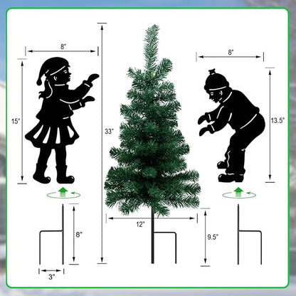 Solar Outdoor Christmas Tree,3 Pack Christmas Outdoor Decorations with Boy and Girl Garden Stakes,Color Changing LED Lights,Waterproof Xmas for Yard,Lawn,Pathway