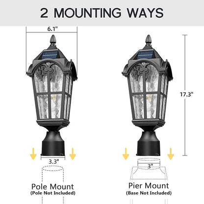 Emliviar 17.3 Inch Solar Lamp Post Light in Black Finish, Dusk to Dawn Outdoor Light Fixture with Remote Control, Pole Light with Water Grain Glass Shade, LED Bulb Included, YXE302P-SL BK