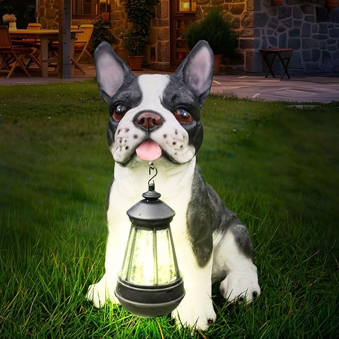 Outdoor French Bulldog Dog Statue with Interchangeable Welcome Sign and Detachable Solar Lantern –LED Light Garden Dog Sculpture Décor, Cute Puppy Design for Yard, Porch, Gift