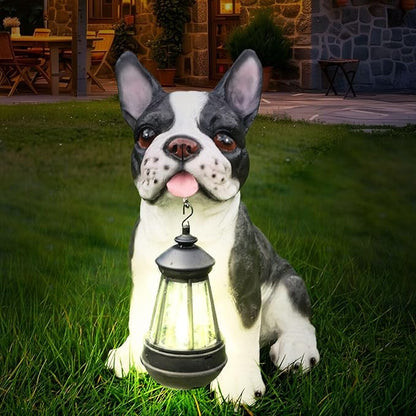 Outdoor French Bulldog Dog Statue with Interchangeable Welcome Sign and Detachable Solar Lantern –LED Light Garden Dog Sculpture Décor, Cute Puppy Design for Yard, Porch, Gift