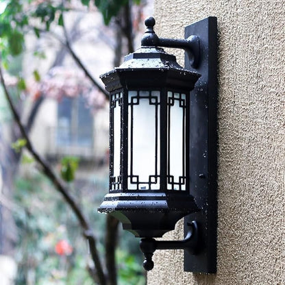 Chinese Style Farmhouse Villa Exterior Wall Lamp,Outdoor Waterproof Light with Frosted S Shade Alumiexpression Artistique M Sconces,Vintage Door Hall Garden Patio Doorway