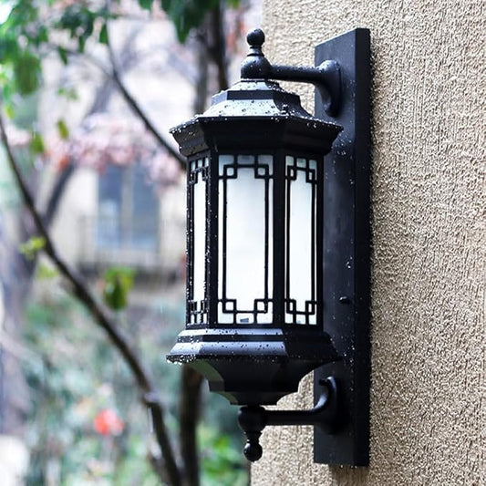 Chinese Style Farmhouse Villa Exterior Wall Lamp,Outdoor Waterproof Light with Frosted S Shade Alumiexpression Artistique M Sconces,Vintage Door Hall Garden Patio Doorway