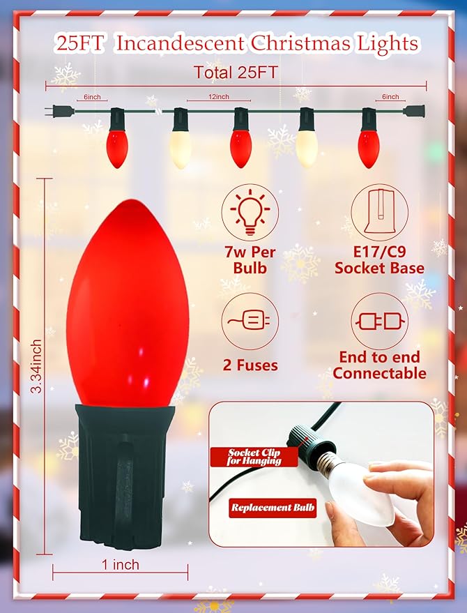 C9 Christmas Lights Outdoor 25Ft Red/White Christmas with 27 Ceramic Red/White Bulbs(1 Spare), Vintage Colorful String Lights for Garden Wedding Party Xmas Decorations