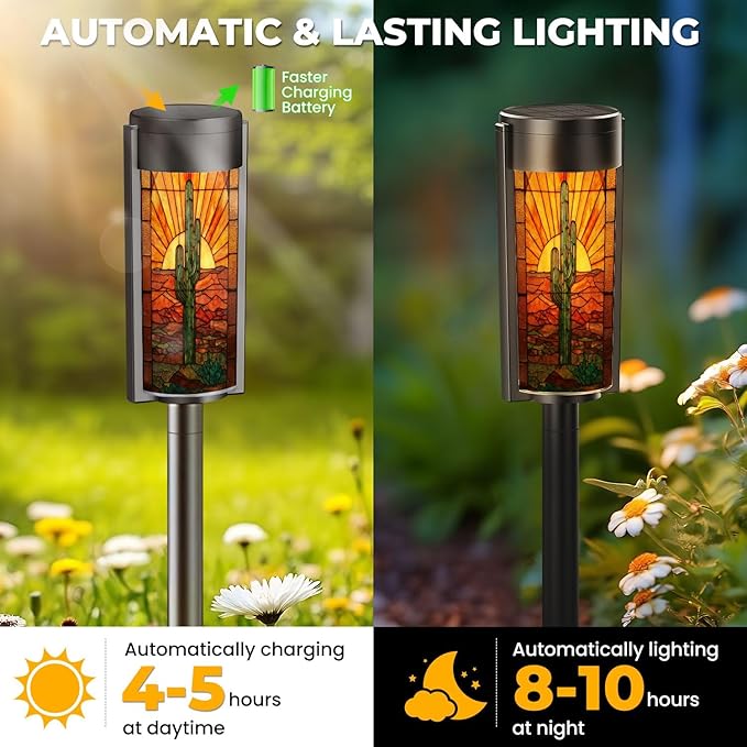 8 Pack Solar Pathway Lights Outdoor Waterproof Vibrant Cactus Desert Sunset Stained Glass Western Border Solar Garden Lights LED Landscape Lighting for Yard Walkway Lawn Garden Decor