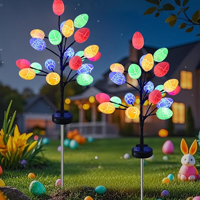 Solar Easter Egg Lights - 2 Pack LED Pathway Stake Lights | Outdoor Garden, Yard, Lawn Decor, Waterproof Lighted Eggs for Yard, Walkway,