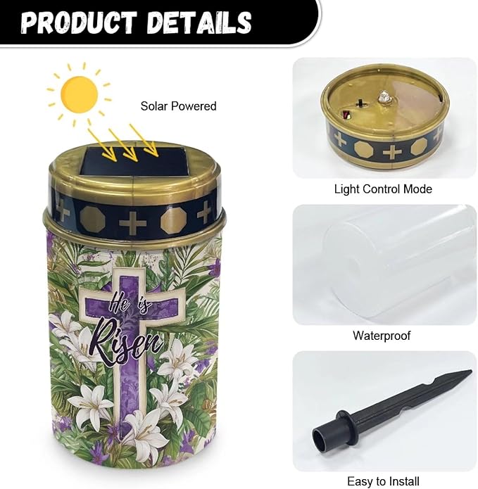 Cross Lily Print Cemetery Cross Solar Lights Solar Light Outdoor for Cemetery, LED Waterproof Solar Lights for Garden, Balcony, Yard, Memorial Gifts