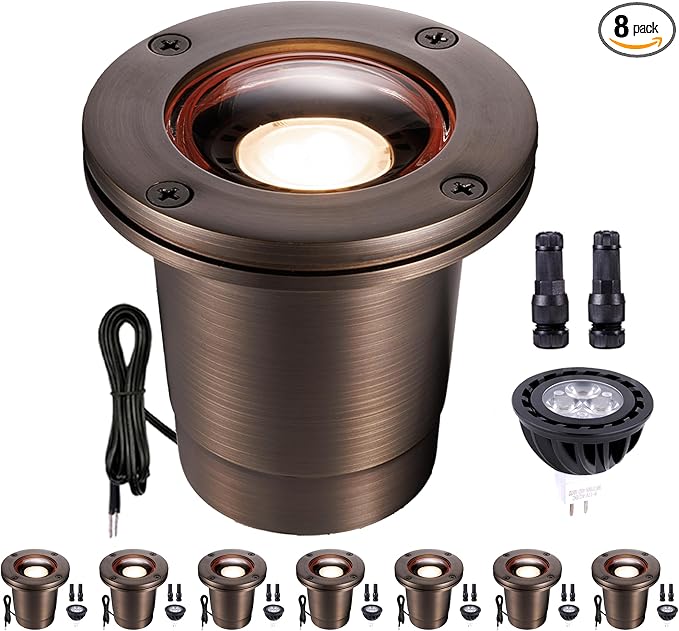 Gardenreet Brass Well Lights Landscape LED In Ground - IP67 12V Outdoor Light, Low Voltage in-Grade Lighting, Antique Bronze for Patio Pathway Tree with 2700K Warm MR16 Bulb (8 Pack)