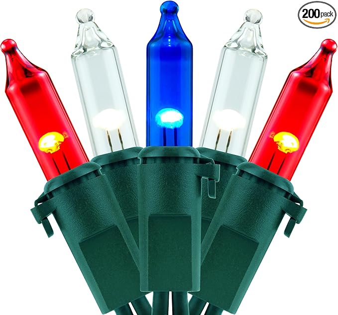 YULETIME 200 Red White & Blue Christmas Lights, Pack of 2 Sets 33 Feet 100 Count UL Certified Incandescent-Like String Lights