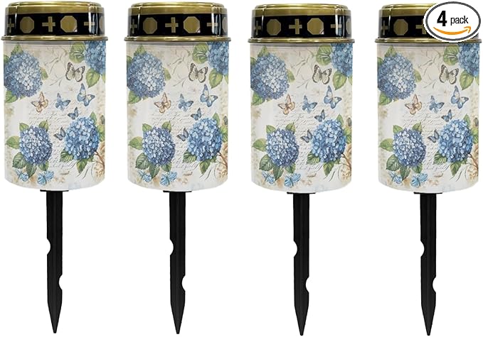 Hydrangea Floral Solar Pathway Lights Outdoor Waterproof Garden Lights for Yard Patio Butterfly LED Lantern Solar-Powered Fairy Lights for Outside Flameless Landscape Lighting Decor