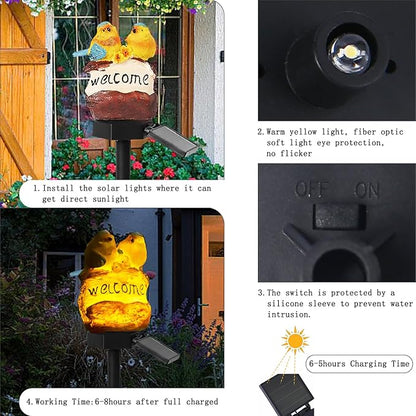 Solar Decor Lights, Welcome Birds Solar Powered Outdoor Garden Light, Resin Animal LED Lights with Stake, Waterproof Solar Stake Lights Decoration for Patio Yard Art Garden Lawn (Yellow)