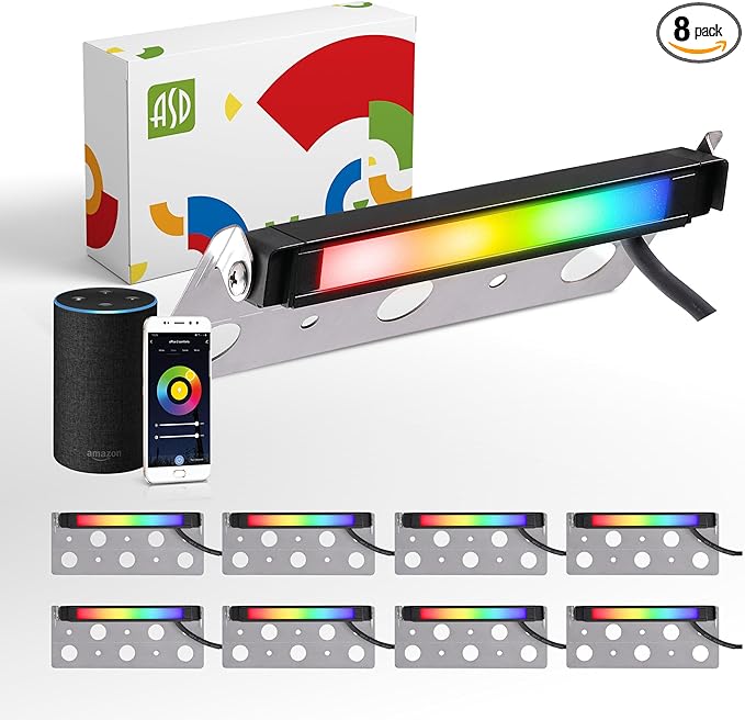 ASD LED 7 Inch Retaining Wall Light Fixture, Hardscape Paver Lighting | RGBW, App & Voice Control, Waterproof, ETL Listed | 3W 110LM RGB-2700K-6500K 12V | Landscape Step Illumination | Black, 8 Pack
